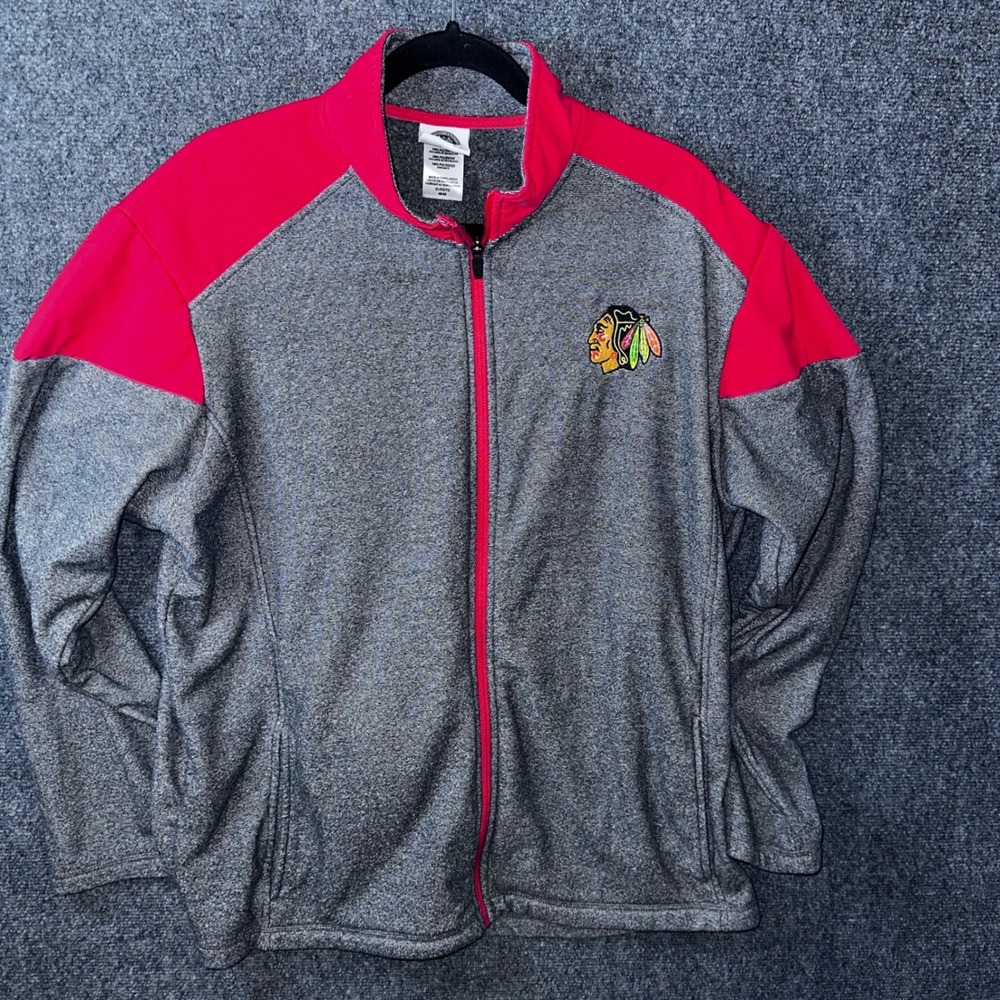 NHL Chicago Blackhawks Mens XL Full Zip Fleece Jacket Gray Red Colorblock Hockey
